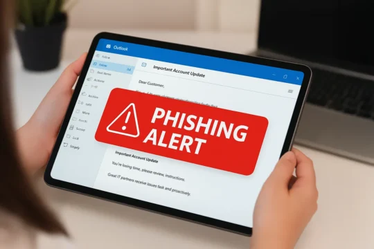 how to spot a phishing email, a woman holding a tablet device with outlook open, a big red notice that reads 'phishing alert'