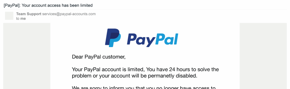how to spot a phishing email example, a paypal designed email with incorrect spelling of email and urgency language.