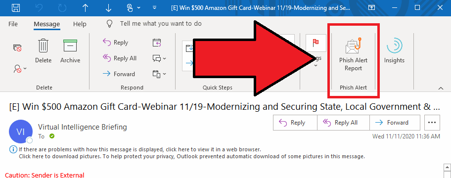 email phishing alert icon, usually looks like a hook with a 'report phishing' button text
