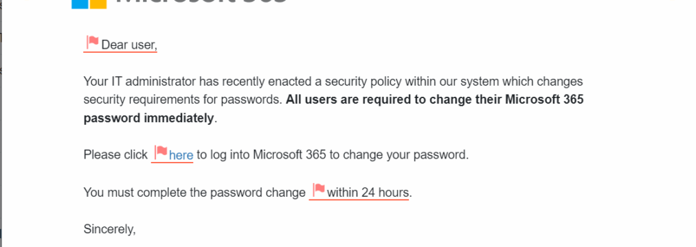 phishing email example, where there is urgent messaging requesting password update or other personal details.
