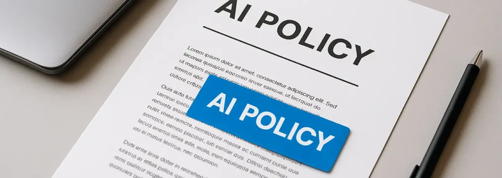 an ai policy for your business. a printed document on a desk, titled 'AI POLICY' with text details on the page.